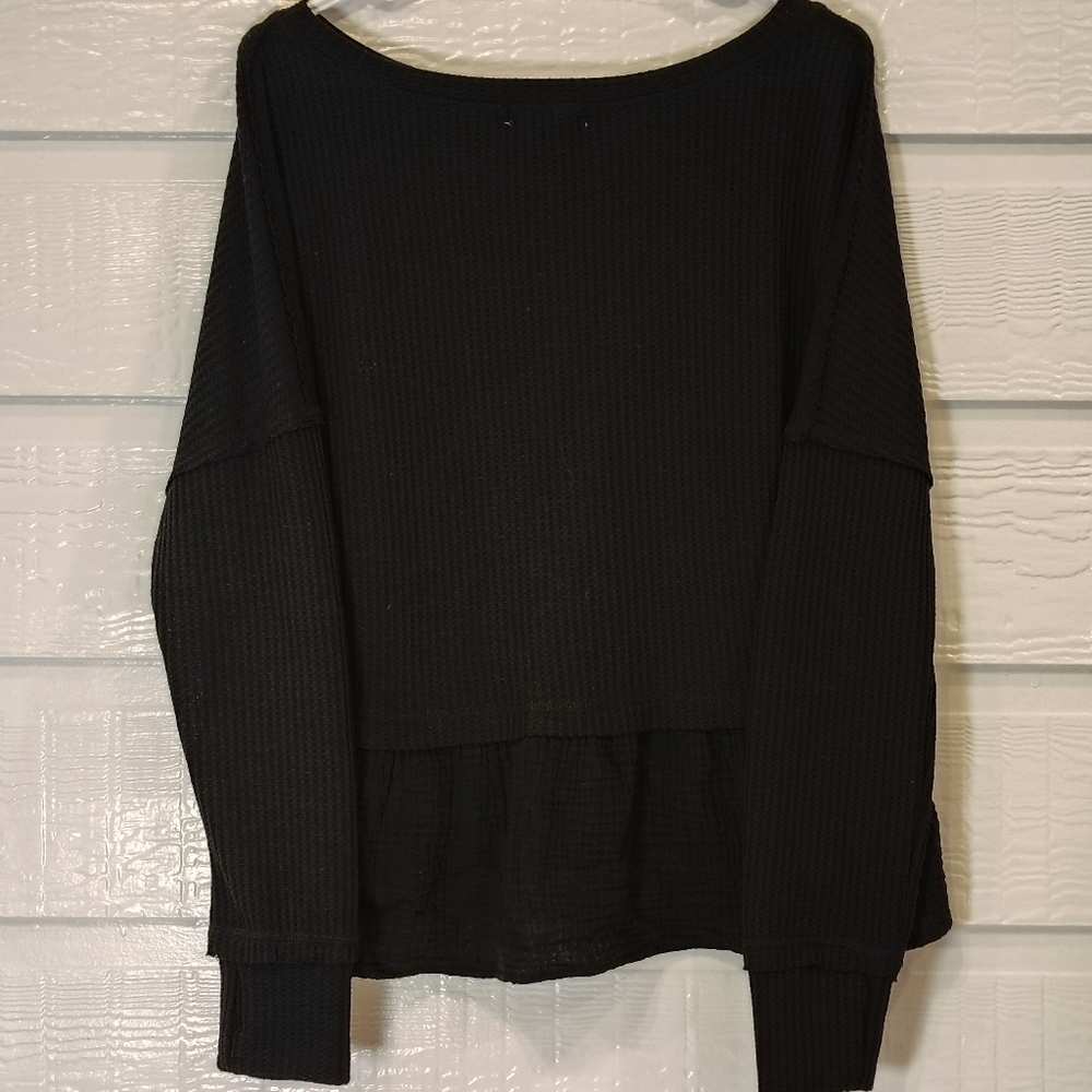 Altar’d State Shirt Womens LG Black Waffle Knit Tiered Raw Hem Ruffle Slouchy - Picture 7 of 9